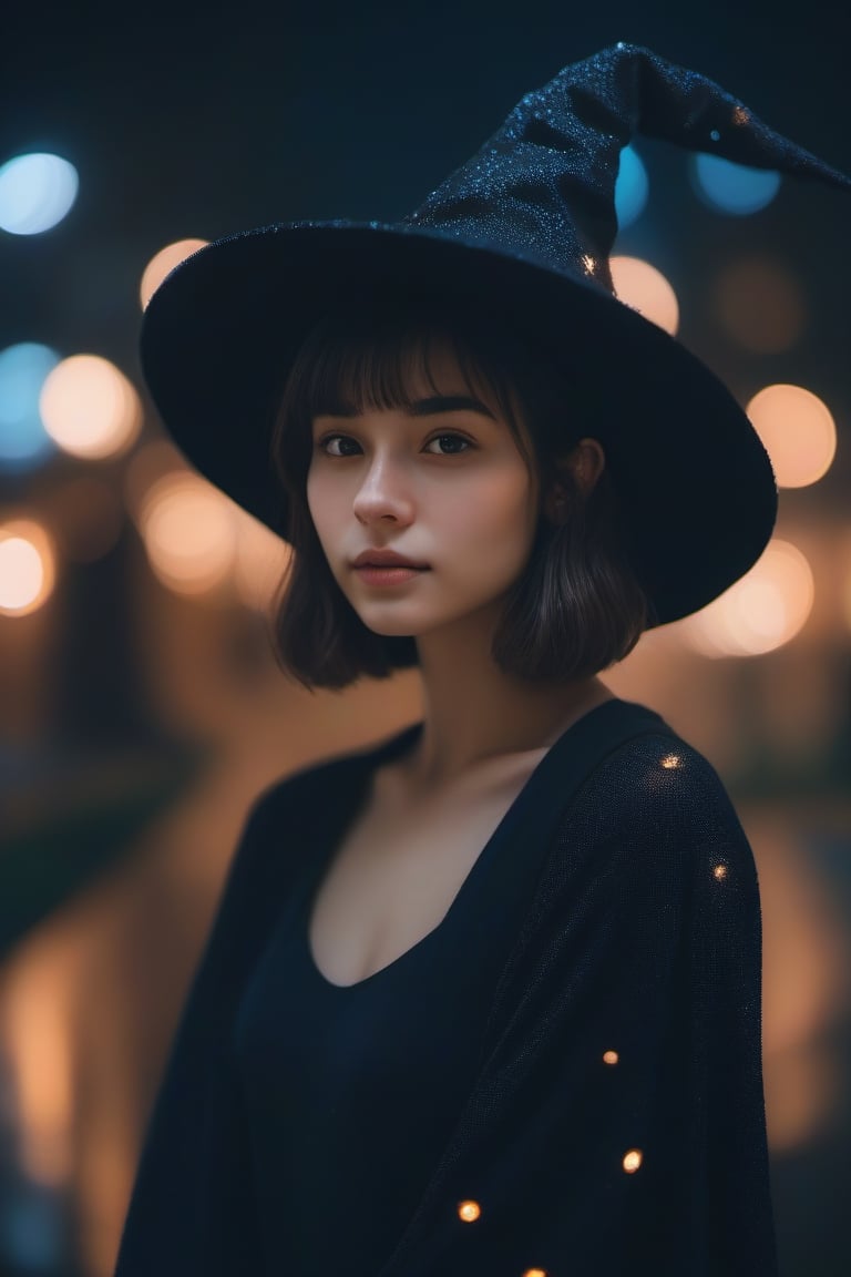  aesthetic portrait, 1girl,solo, short hair, bokeh, depth of field, cinematic, nighttime , witch hat,