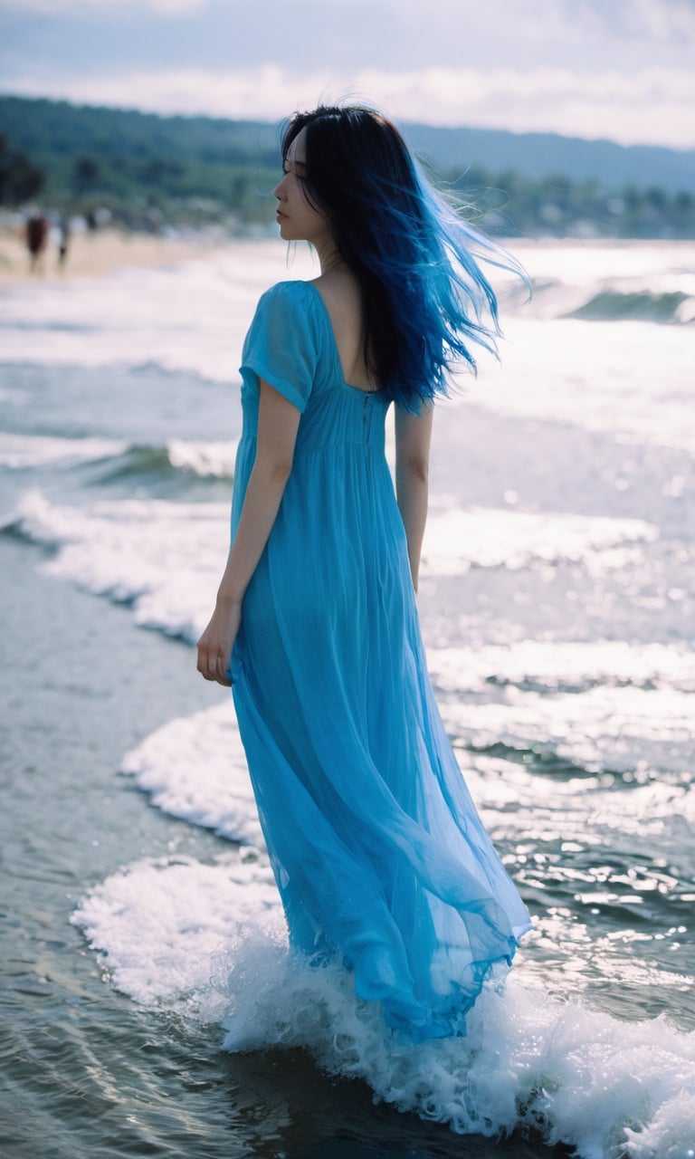 xxmixgirl, 1girl, solo, light_blue_hair, liquid hair,  long hair, floating hair,  full body,  standing, sundress,  liquid clothes,  water, waves,  tsunami, tide, sea, water dress