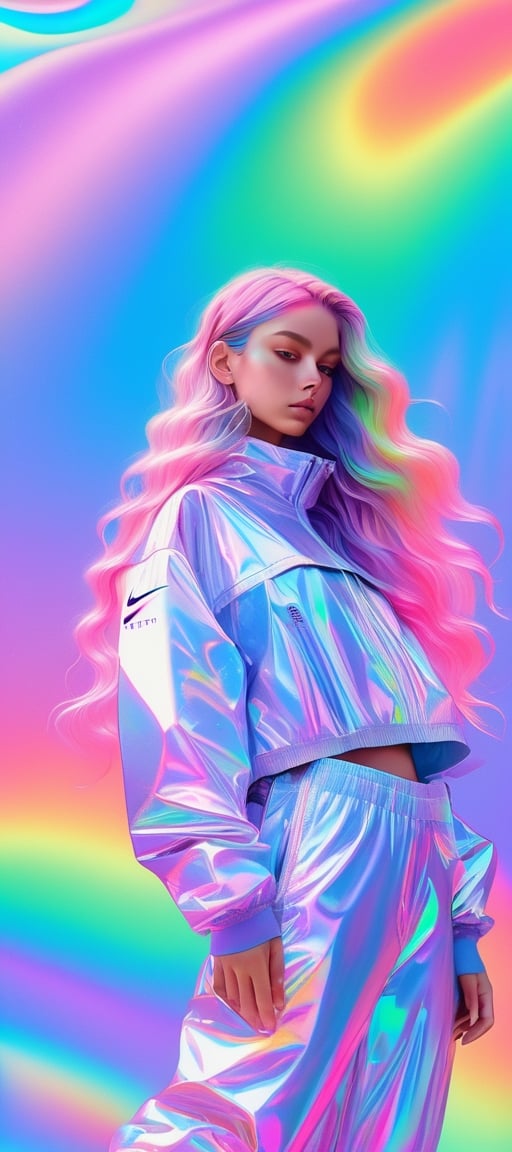 1girl, solo,long wavy hair,flowing rainbow colored holographic background,nike, holographic, iridescent, vaporwave, fluid,niji style,realistic