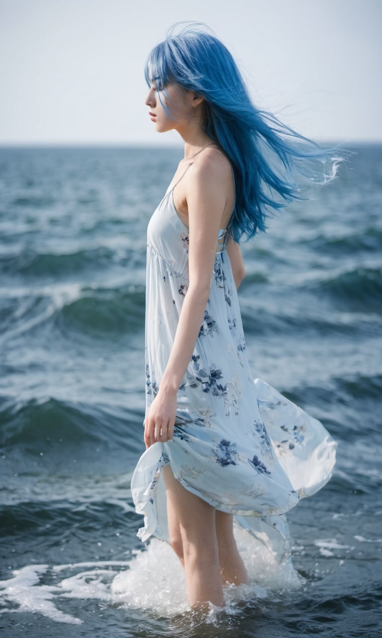 xxmixgirl, 1girl, solo, light_blue_hair, liquid hair,  long hair, floating hair,  full body,  standing, sundress,  liquid clothes,  water, waves,  tsunami, tide, sea, water dress