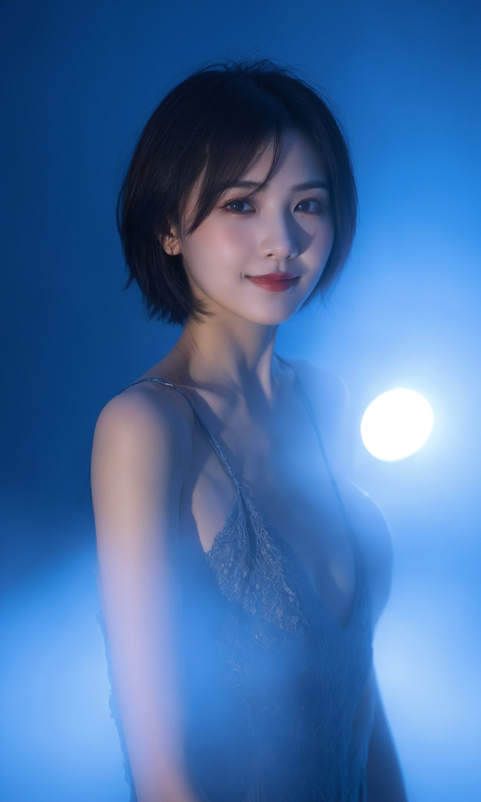 xxmixgirl,  a mysterious woman,  fog,  movie lights,  blue and red theme,  smiling