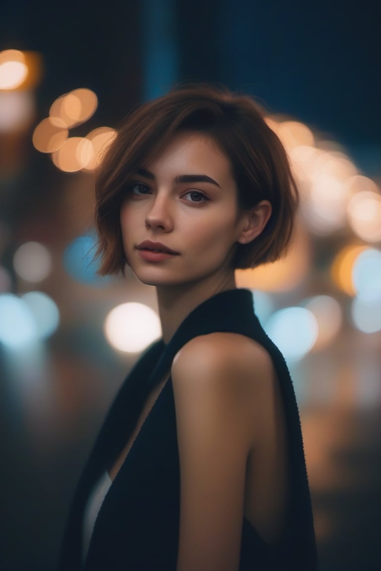  aesthetic portrait, 1girl,solo, short hair, bokeh, depth of field, cinematic, nighttime 