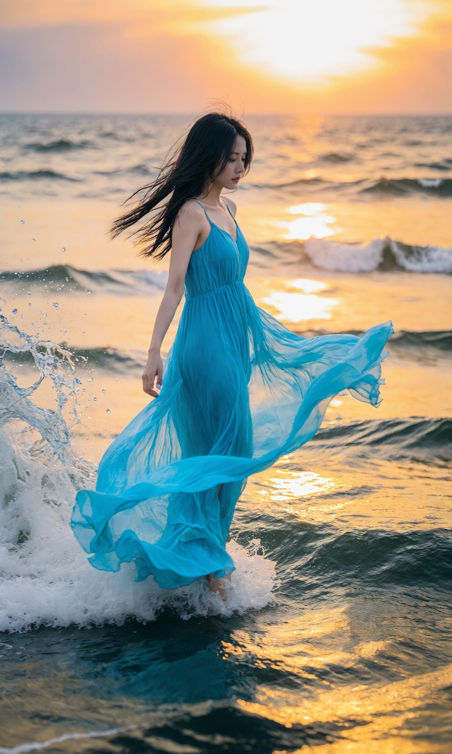 xxmixgirl,1girl,solo,light_blue_hair,liquid hair, long hair,floating hair, full body, standing,sundress, liquid clothes, water,waves, tsunami,tide,sea,water dress,