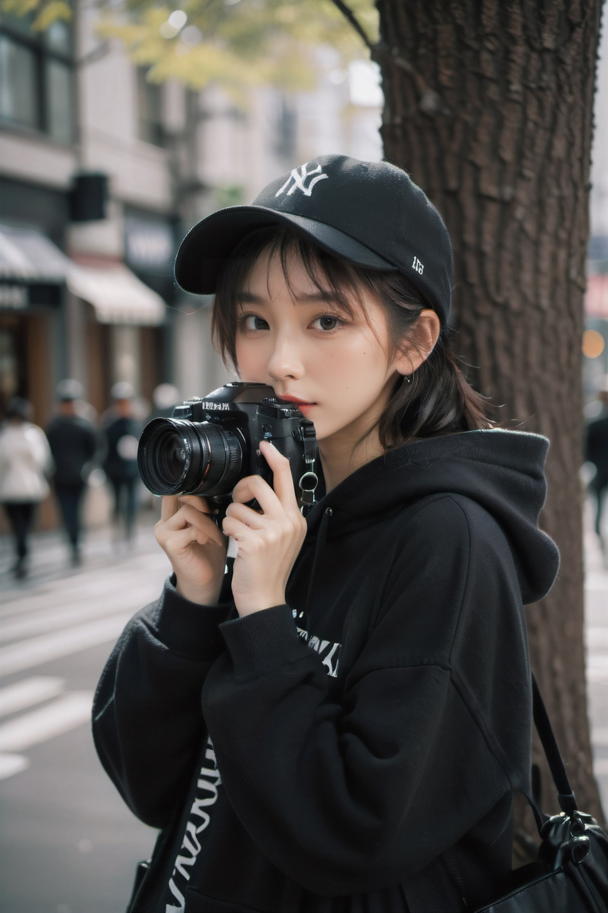 a photo portrait of a paparazzi holding a camera behind the tree targeting celebrities,  wearing black hoodie sort skirt and black hat NY logo,  ready to shot,  camera on eye, photographer posture,  dynamic pose,  brown eyes,  crying_with_eyes_open,  short white wavy hair,  b3rli, xxmix_girl, omatsuri, LinkGirl, , , , , 