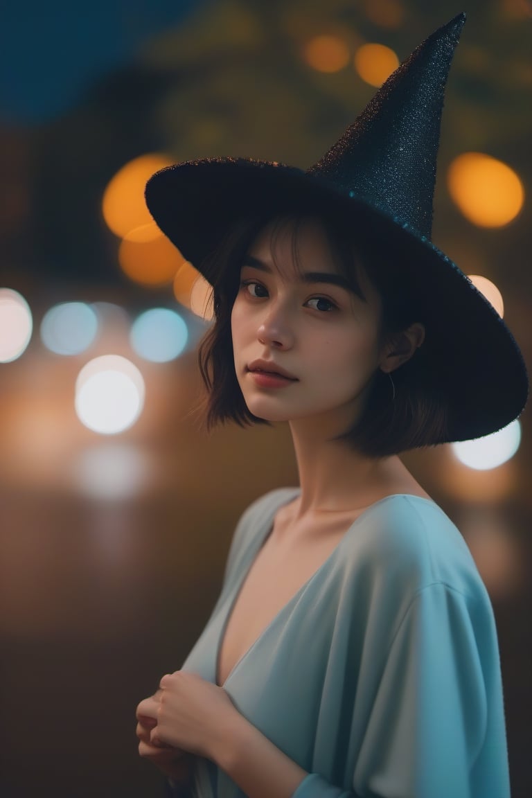  aesthetic portrait, 1girl,solo, short hair, bokeh, depth of field, cinematic, nighttime , witch hat,