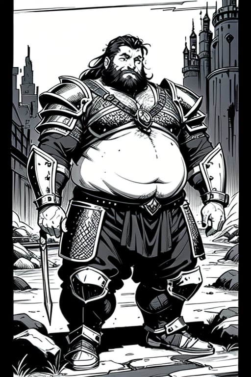 full figure; fantasy dwarf warrior; black&white; sketch; landscape minining site; d&d style; bulky and beer belly; sturdy; short; chubby; lord of the ring style; chainmail; long beard; puffy nose; full armor
