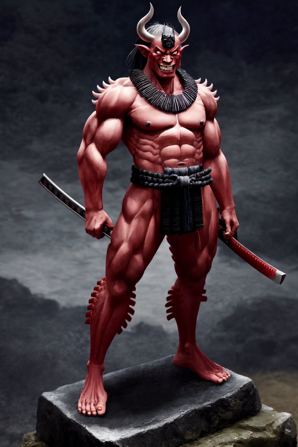 oni demon, male, full figure, standing pose, ultra detailed, evil, japanese version, samurai version, japanese village background, traditional japanese weapon, light blue skin