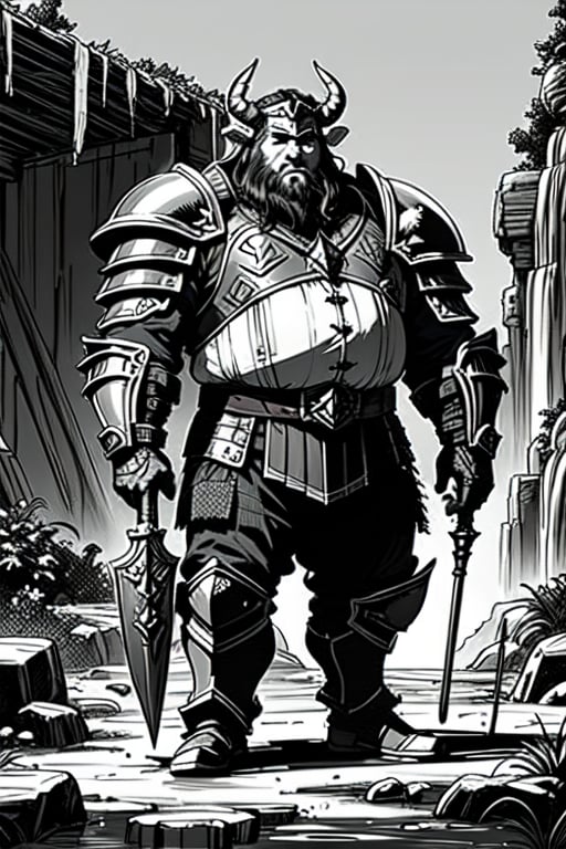 full figure; fantasy dwarf warrior; black&white; sketch; landscape minining site; d&d style; bulky and fat; sturdy; short; chubby; lord of the ring style; very long beard; big nose; full armor; horned helm; warhammer and shield; 
