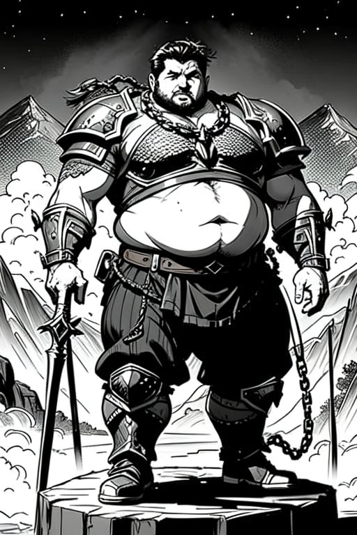 full figure; fantasy dwarf warrior; black&white; sketch; landscape minining site; d&d style; bulky and beer belly; sturdy; short; chubby; lord of the ring style; chainmail
