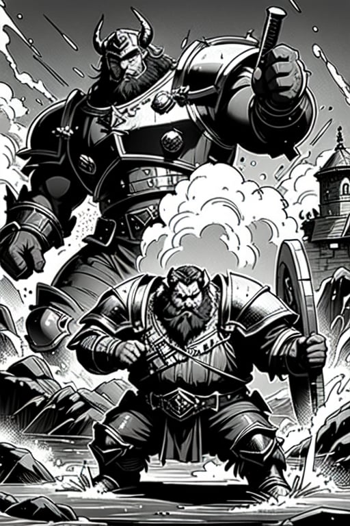 full figure; fantasy dwarf warrior; black&white; sketch; landscape minining site; d&d style; bulky and fat; sturdy; short; chubby; lord of the ring style; very long beard; big nose; full armor; ram horned helm; warhammer and shield; fulm helm; shield on the back;  fighting stance; charging attack; huge warhammer
