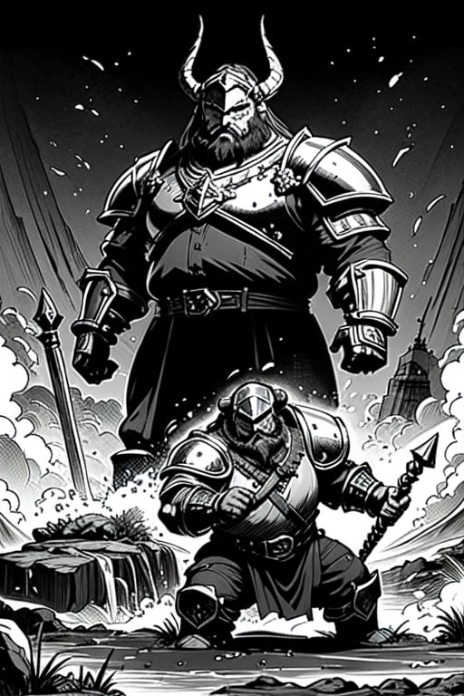 full figure; fantasy dwarf warrior; black&white; sketch; landscape minining site; d&d style; bulky and fat; sturdy; short; chubby; lord of the ring style; very long beard; big nose; full armor; ram horned helm; warhammer and shield; fulm helm; shield on the back;  fighting stance; charging attack; huge warhammer
