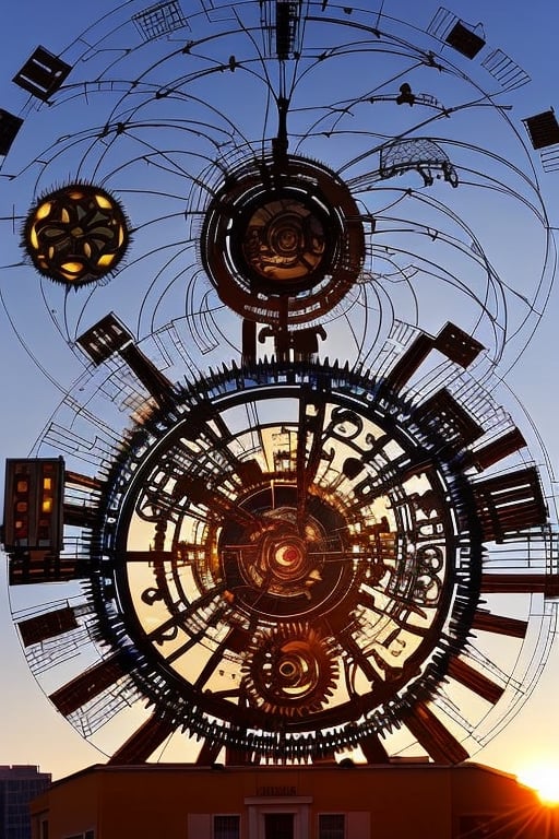 A massive mechanical sun that hangs in the city's center, its gears and cogs constantly whirring. It serves as both a timekeeping device and a mesmerizing spectacle during its daily "sunset."