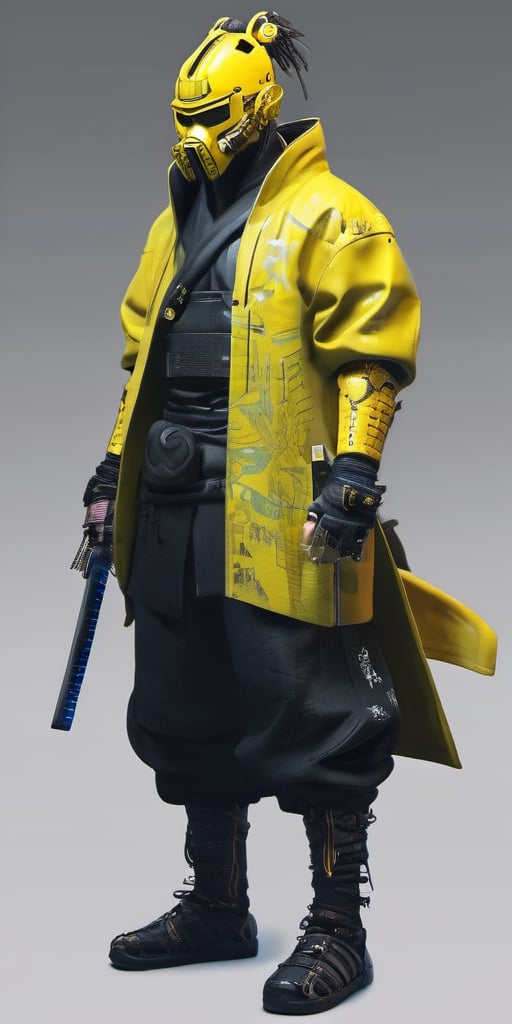 cyberpunk, samurai, yellow, full_figure, mask