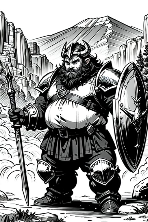 full figure; fantasy dwarf warrior; black&white; sketch; landscape minining site; d&d style; bulky and fat; sturdy; short; chubby; lord of the ring style; very long beard; big nose; full armor; ram horned helm; warhammer and shield; fulm helm; shield on the back; 2-handed battleaxe; fighting stance
