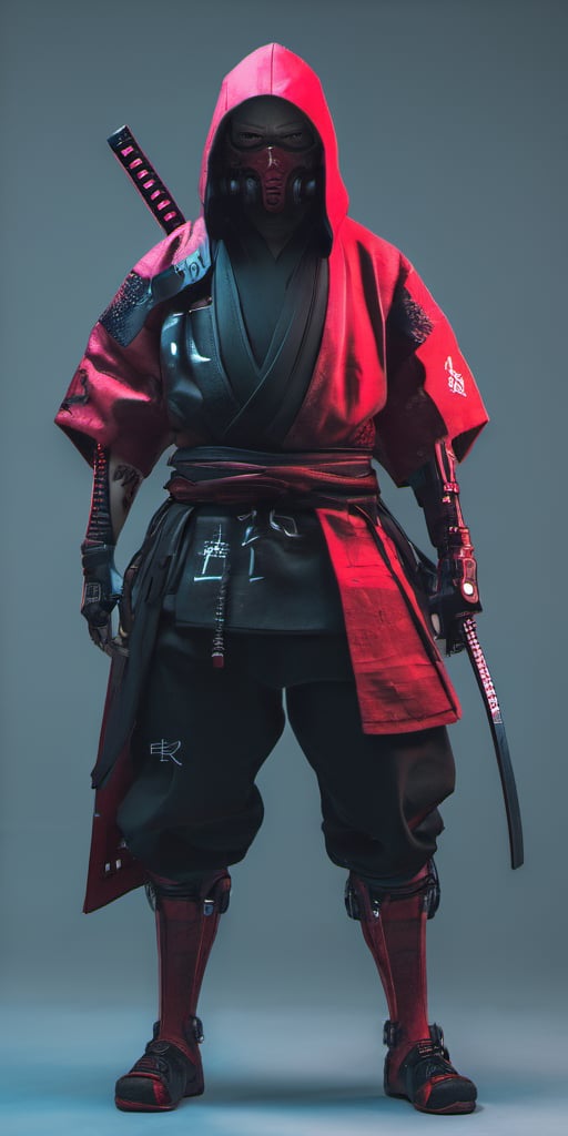 cyberpunk, samurai, red, full_figure, mask