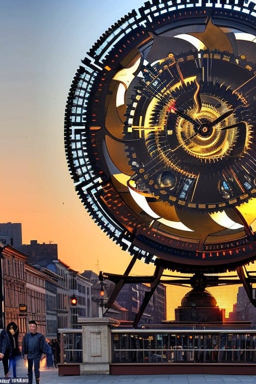 A massive mechanical sun that hangs in the city's center, its gears and cogs constantly whirring. It serves as both a timekeeping device and a mesmerizing spectacle during its daily "sunset."