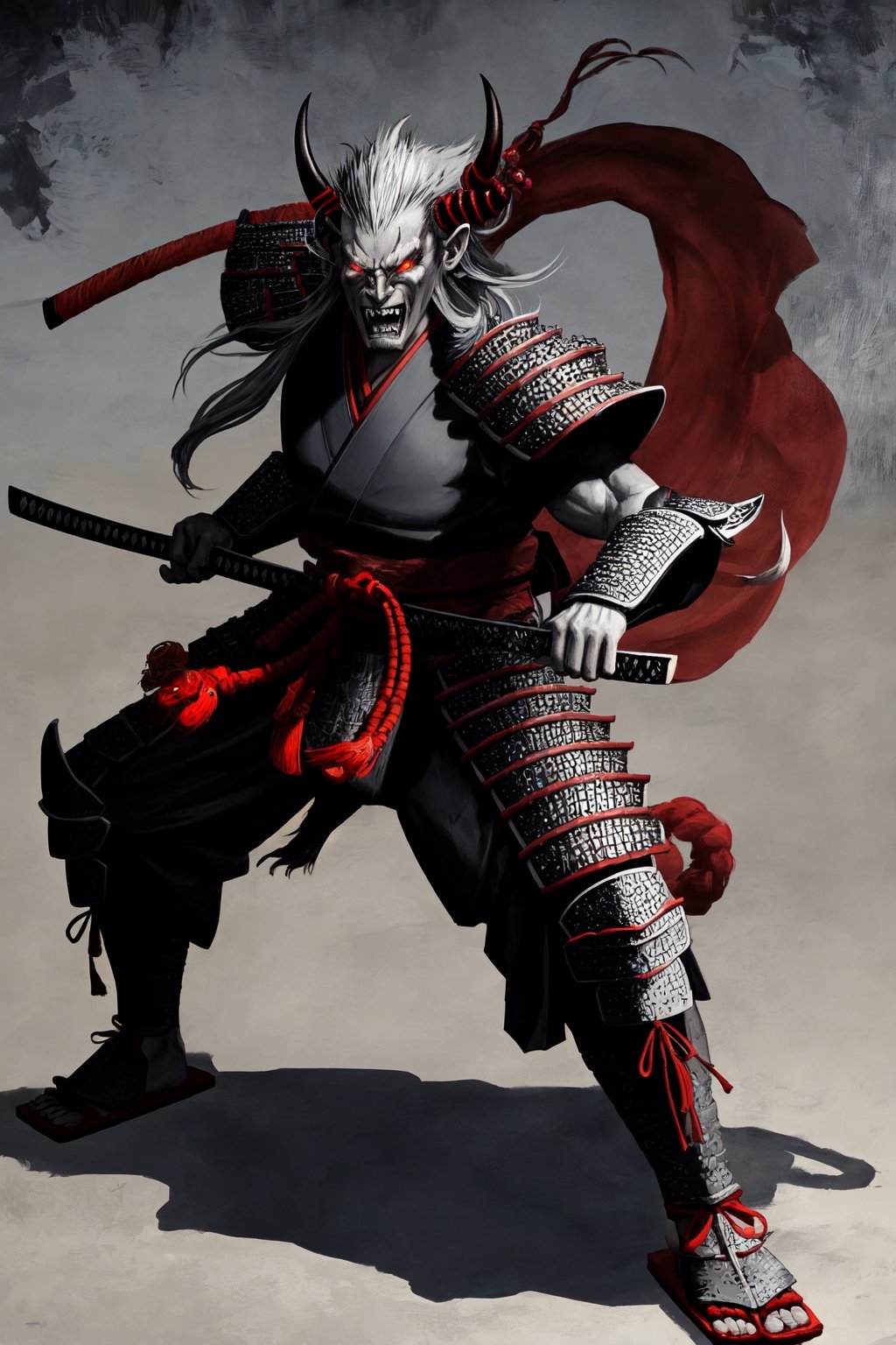 oni demon, male, ultra detailed, evil, japanese version, samurai version, japanese village background, traditional japanese weapon, light gray skin, fighting stance, samurai armour