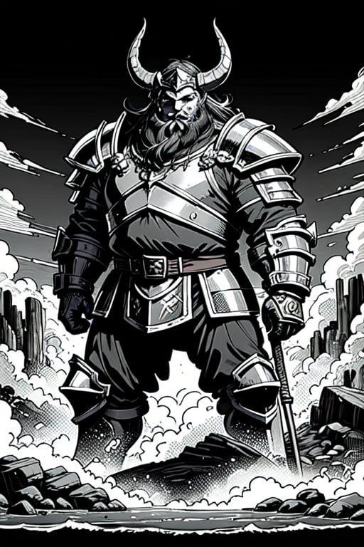 full figure; fantasy dwarf warrior; black&white; sketch; landscape minining site; d&d style; bulky and fat; sturdy; short; chubby; lord of the ring style; very long beard; big nose; full armor; ram horned helm; warhammer and shield; fulm helm; shield on the back; 2-handed battleaxe; fighting stance; charging attack
