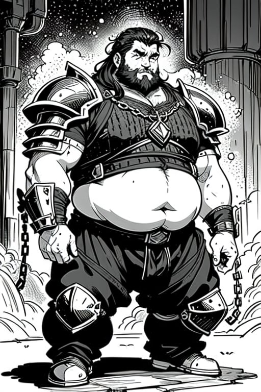 full figure; fantasy dwarf warrior; black&white; sketch; landscape minining site; d&d style; bulky and beer belly; sturdy; short; chubby; lord of the ring style; chainmail; long beard; puffy nose; full armor
