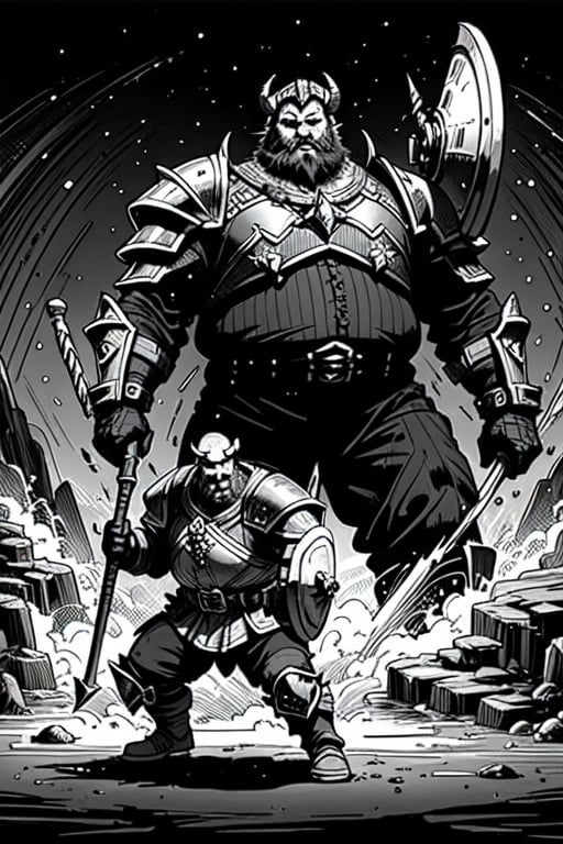 full figure; fantasy dwarf warrior; black&white; sketch; landscape minining site; d&d style; bulky and fat; sturdy; short; chubby; lord of the ring style; very long beard; big nose; full armor; ram horned helm; warhammer and shield; fulm helm; shield on the back;  fighting stance; charging attack; huge warhammer
