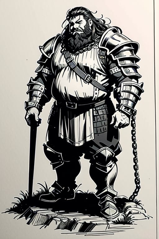 full figure; fantasy dwarf warrior; black&white; sketch; landscape minining site; d&d style; bulky and fat; sturdy; short; chubby; lord of the ring style; chainmail; very long beard; puffy nose; full armor
