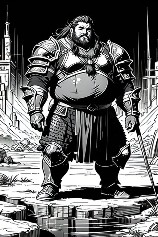 full figure; fantasy dwarf warrior; black&white; sketch; landscape minining site; d&d style; bulky and fat; sturdy; short; chubby; lord of the ring style; chainmail; very long beard; puffy nose; full armor
