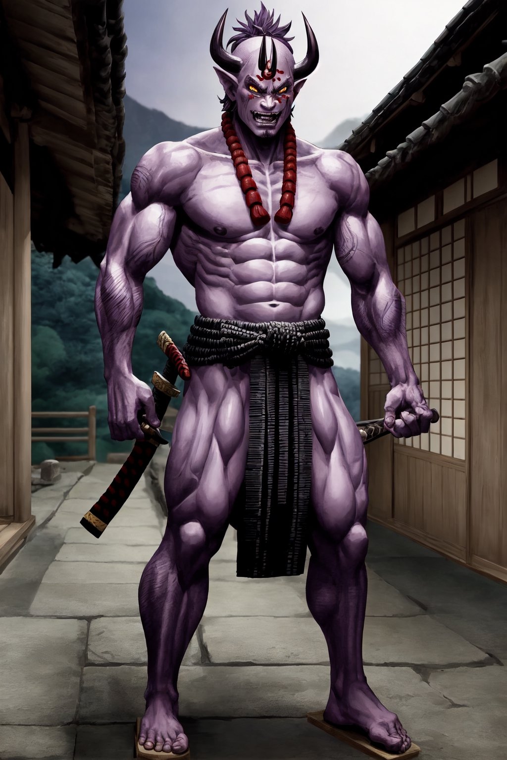 oni demon, male, full figure, standing pose, ultra detailed, evil, japanese version, samurai version, japanese village background, traditional japanese weapon, light purple skin