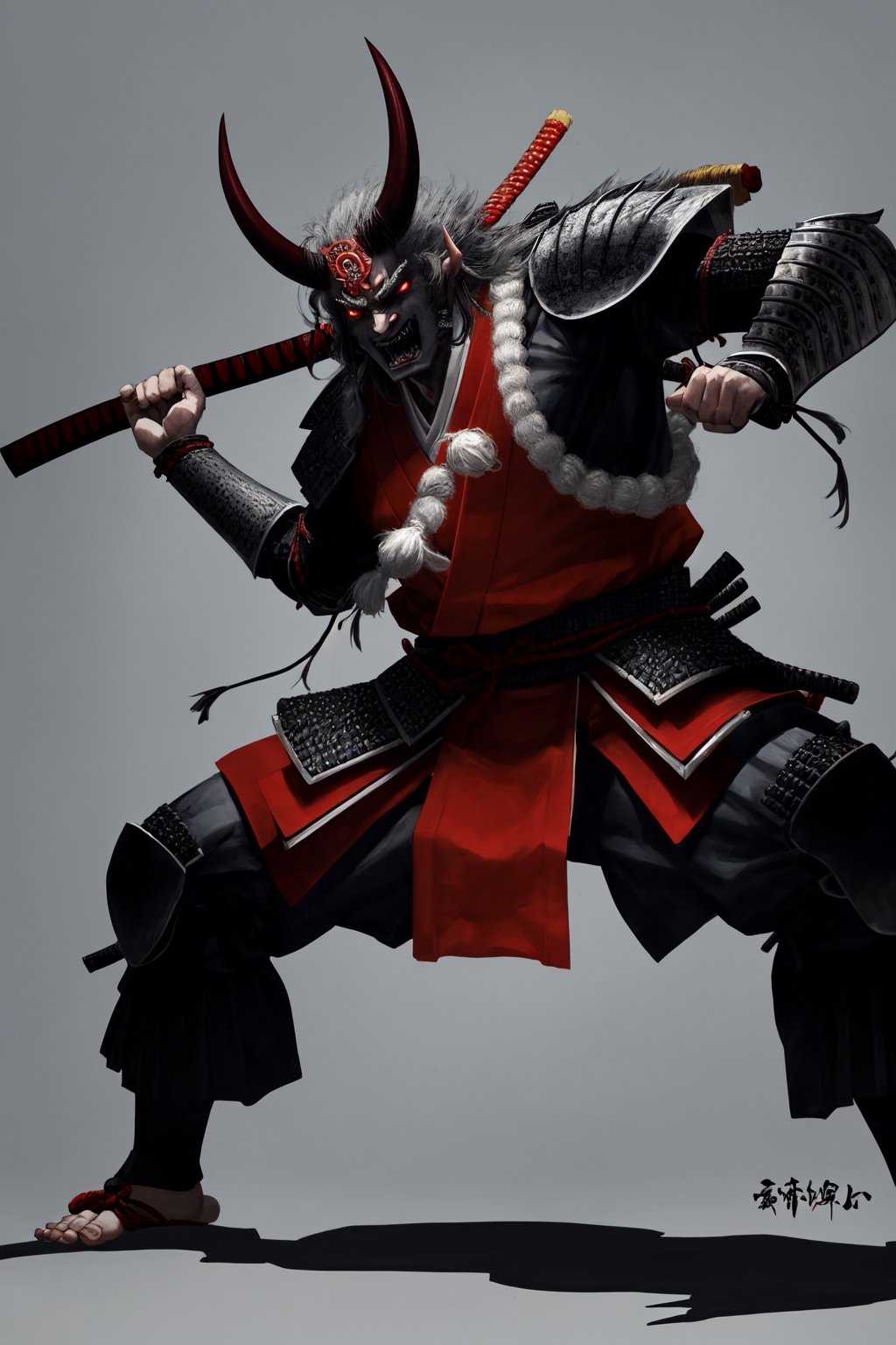 oni demon, male, ultra detailed, evil, japanese version, samurai version, japanese village background, traditional japanese weapon, light gray skin, fighting stance, samurai armour