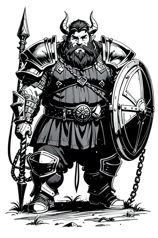 full figure; fantasy dwarf warrior; black&white; sketch; landscape minining site; d&d style; bulky and fat; sturdy; short; chubby; lord of the ring style; chainmail; very long beard; big nose; full armor; horned helm; warhammer and shield
