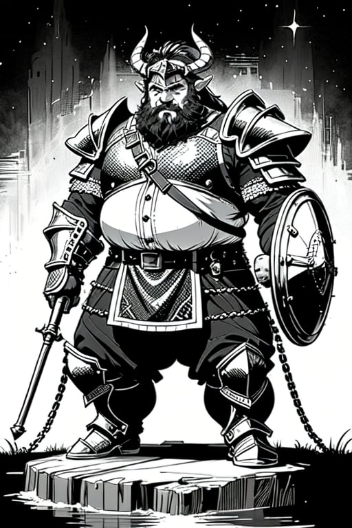 full figure; fantasy dwarf warrior; black&white; sketch; landscape minining site; d&d style; bulky and fat; sturdy; short; chubby; lord of the ring style; chainmail; very long beard; big nose; full armor; horned helm; warhammer and shield
