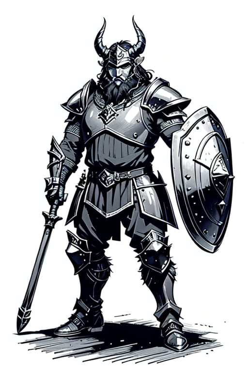 full figure; fantasy dwarf warrior; black&white; sketch; landscape minining site; d&d style; bulky and fat; sturdy; short; chubby; lord of the ring style; very long beard; big nose; full armor; ram horned helm; warhammer and shield; fulm helm; shield on the back; 2-handed battleaxe; fighting stance
