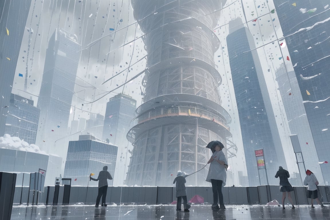 At the city's center stands the Weather Tower, a colossal structure that controls the city's unpredictable weather patterns. Each day, the tower's operators make whimsical decisions about the weather, causing sudden rainstorms, snowfall in summer, or even occasional showers of confetti.