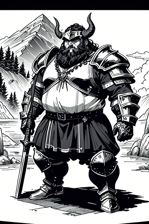 full figure; fantasy dwarf warrior; black&white; sketch; landscape minining site; d&d style; bulky and fat; sturdy; short; chubby; lord of the ring style; chainmail; very long beard; big nose; full armor; horned helm; warhammer and shield
