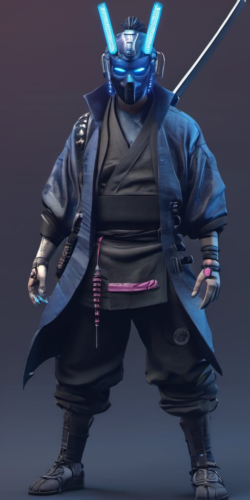 cyberpunk, samurai, blue, full_figure, mask