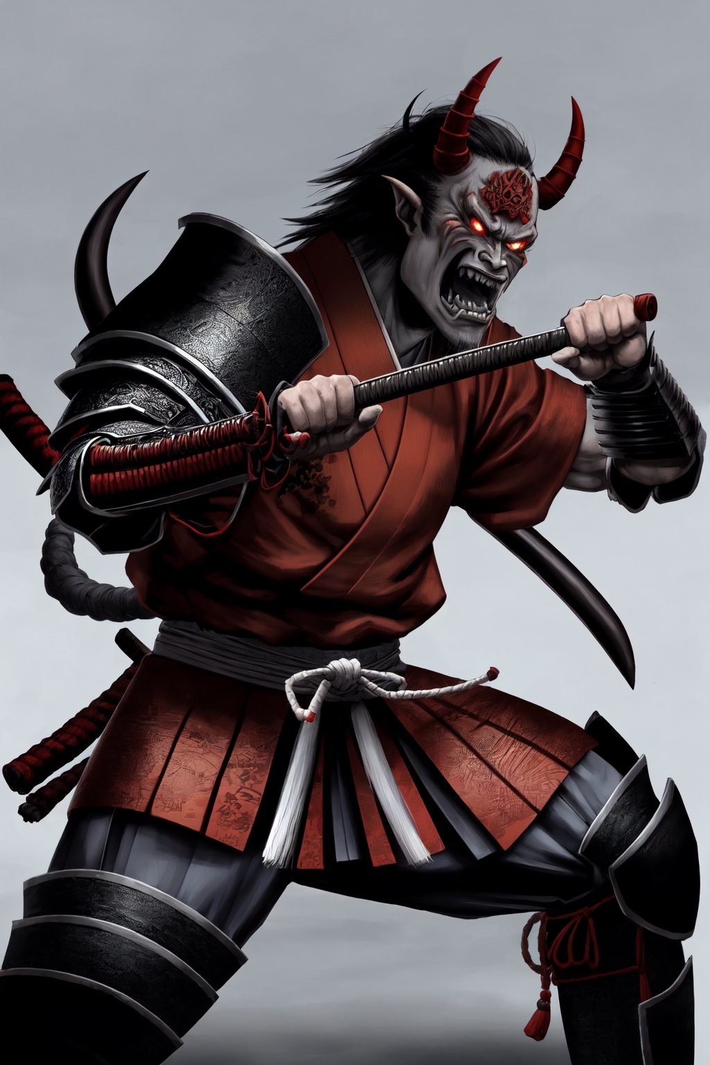 oni demon, male, ultra detailed, evil, japanese version, samurai version, japanese village background, traditional japanese weapon, light gray skin, fighting stance, samurai armour