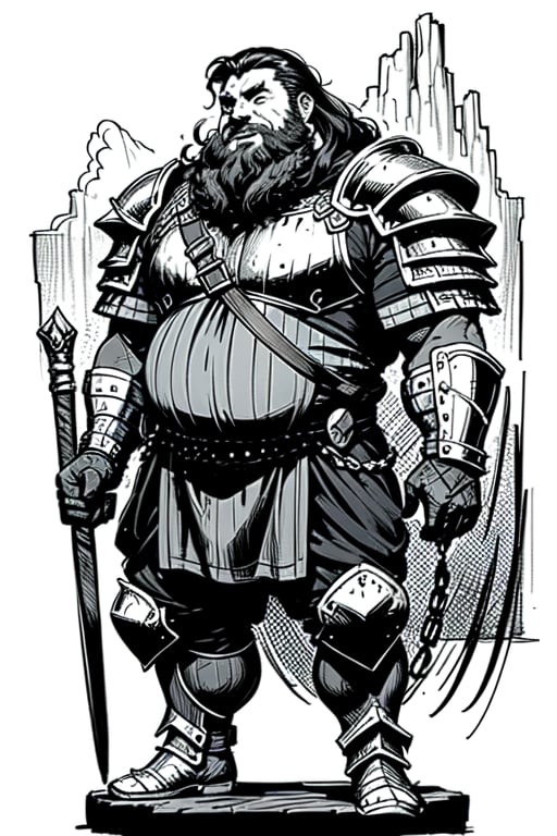 full figure; fantasy dwarf warrior; black&white; sketch; landscape minining site; d&d style; bulky and fat; sturdy; short; chubby; lord of the ring style; chainmail; very long beard; puffy nose; full armor
