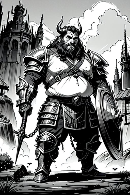 full figure; fantasy dwarf warrior; black&white; sketch; landscape minining site; d&d style; bulky and fat; sturdy; short; chubby; lord of the ring style; chainmail; very long beard; big nose; full armor; horned helm; warhammer and shield
