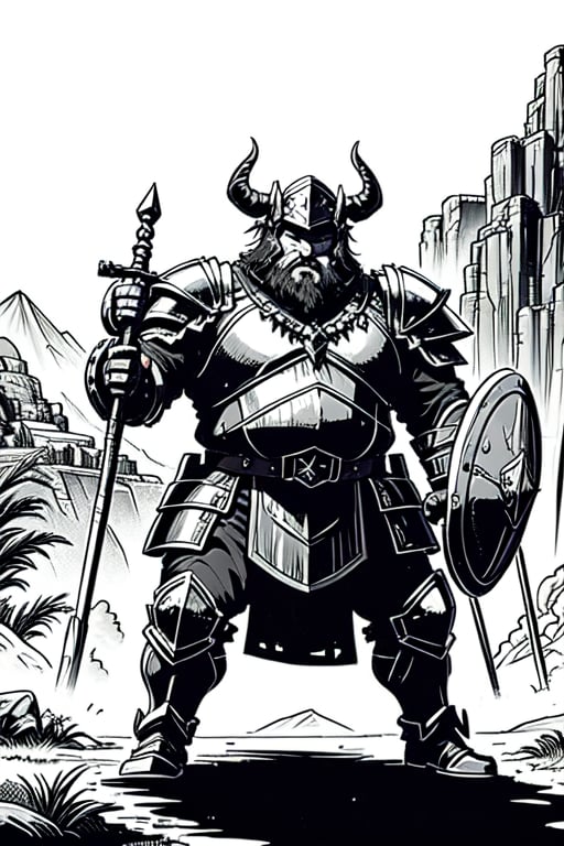 full figure; fantasy dwarf warrior; black&white; sketch; landscape minining site; d&d style; bulky and fat; sturdy; short; chubby; lord of the ring style; very long beard; big nose; full armor; ram horned helm; warhammer and shield; fulm helm; shield on the back; 2-handed battleaxe; fighting stance
