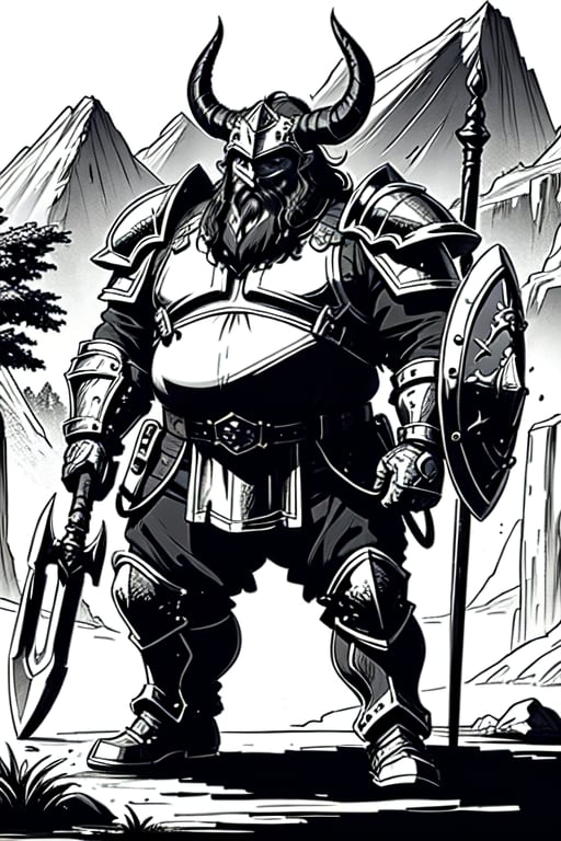 full figure; fantasy dwarf warrior; black&white; sketch; landscape minining site; d&d style; bulky and fat; sturdy; short; chubby; lord of the ring style; very long beard; big nose; full armor; horned helm; warhammer and shield; fulm helm; shield on the back; 2-handed battleaxe
