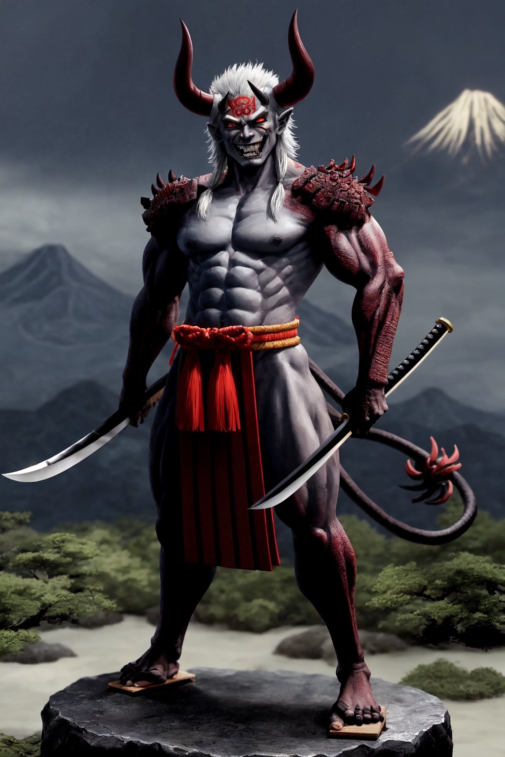 oni demon, male, full figure, standing pose, ultra detailed, evil, japanese version, samurai version, japanese village background, traditional japanese weapon, light blue skin