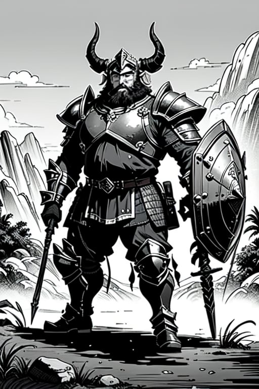 full figure; fantasy dwarf warrior; black&white; sketch; landscape minining site; d&d style; bulky and fat; sturdy; short; chubby; lord of the ring style; very long beard; big nose; full armor; ram horned helm; warhammer and shield; fulm helm; shield on the back; 2-handed battleaxe; fighting stance; charging attack
