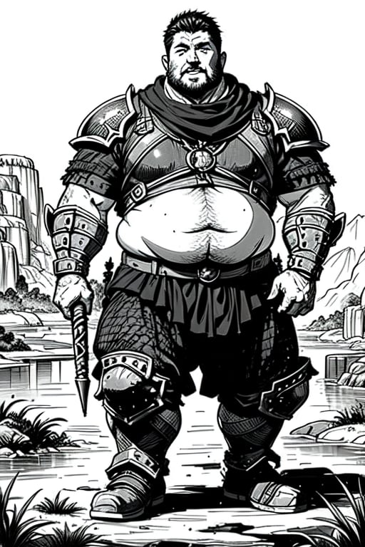 full figure; fantasy dwarf warrior; black&white; sketch; landscape minining site; d&d style; bulky and beer belly; sturdy; short; chubby; lord of the ring style; chainmail
