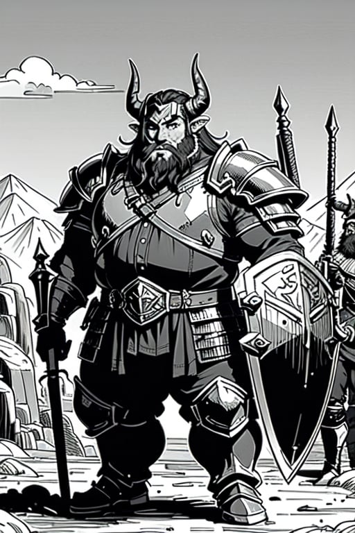 full figure; fantasy dwarf warrior; black&white; sketch; landscape minining site; d&d style; bulky and fat; sturdy; short; chubby; lord of the ring style; very long beard; big nose; full armor; horned helm; warhammer and shield; fulm helm; shield on the back; 2-handed battleaxe
