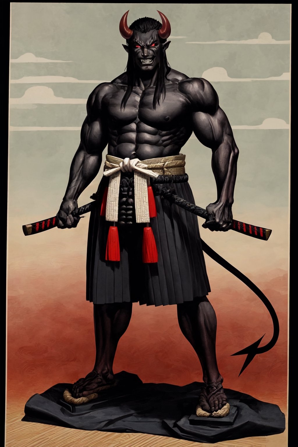 oni demon, male, full figure, standing pose, ultra detailed, evil, japanese version, samurai version, japanese village background, traditional japanese weapon