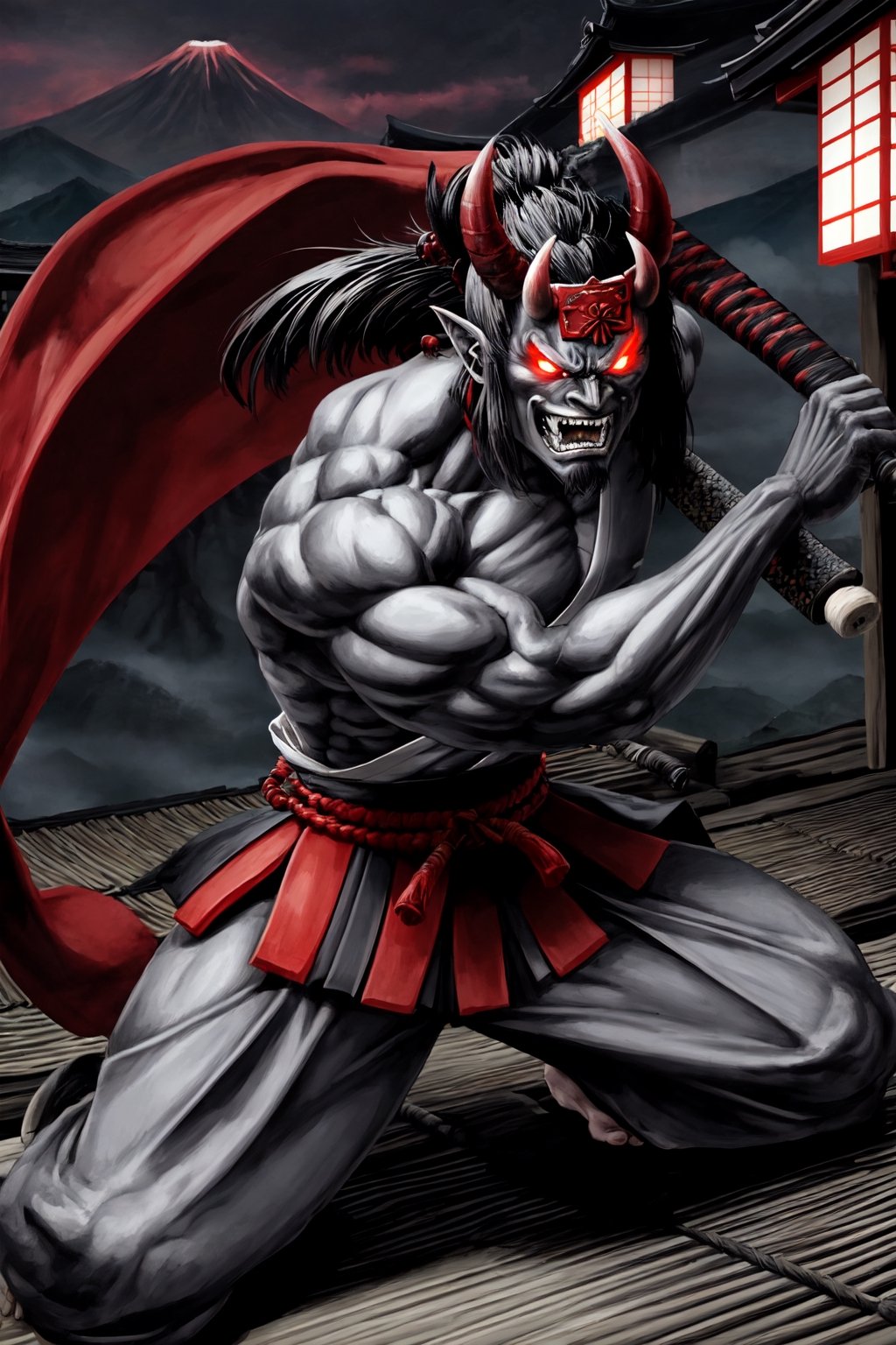 oni demon, male, ultra detailed, evil, japanese version, samurai version, japanese village background, traditional japanese weapon, light gray skin, fighting stance