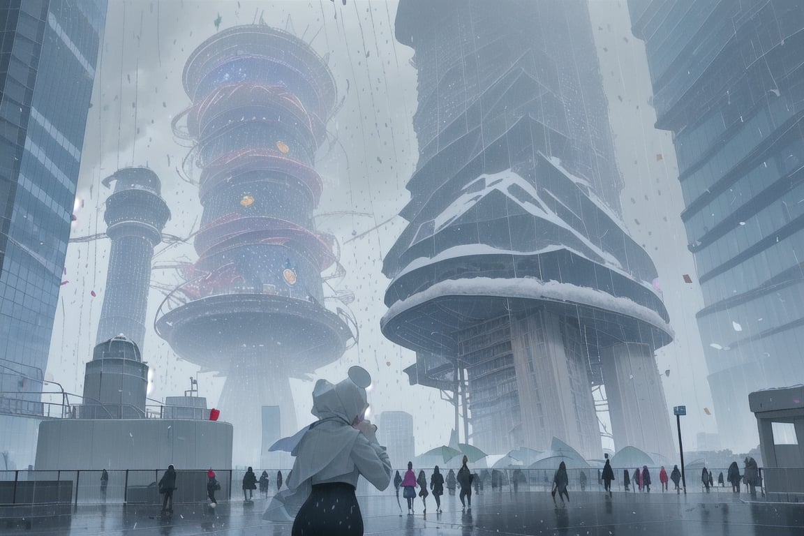 At the city's center stands the Weather Tower, a colossal structure that controls the city's unpredictable weather patterns. Each day, the tower's operators make whimsical decisions about the weather, causing sudden rainstorms, snowfall in summer, or even occasional showers of confetti. Fantasy citizens.