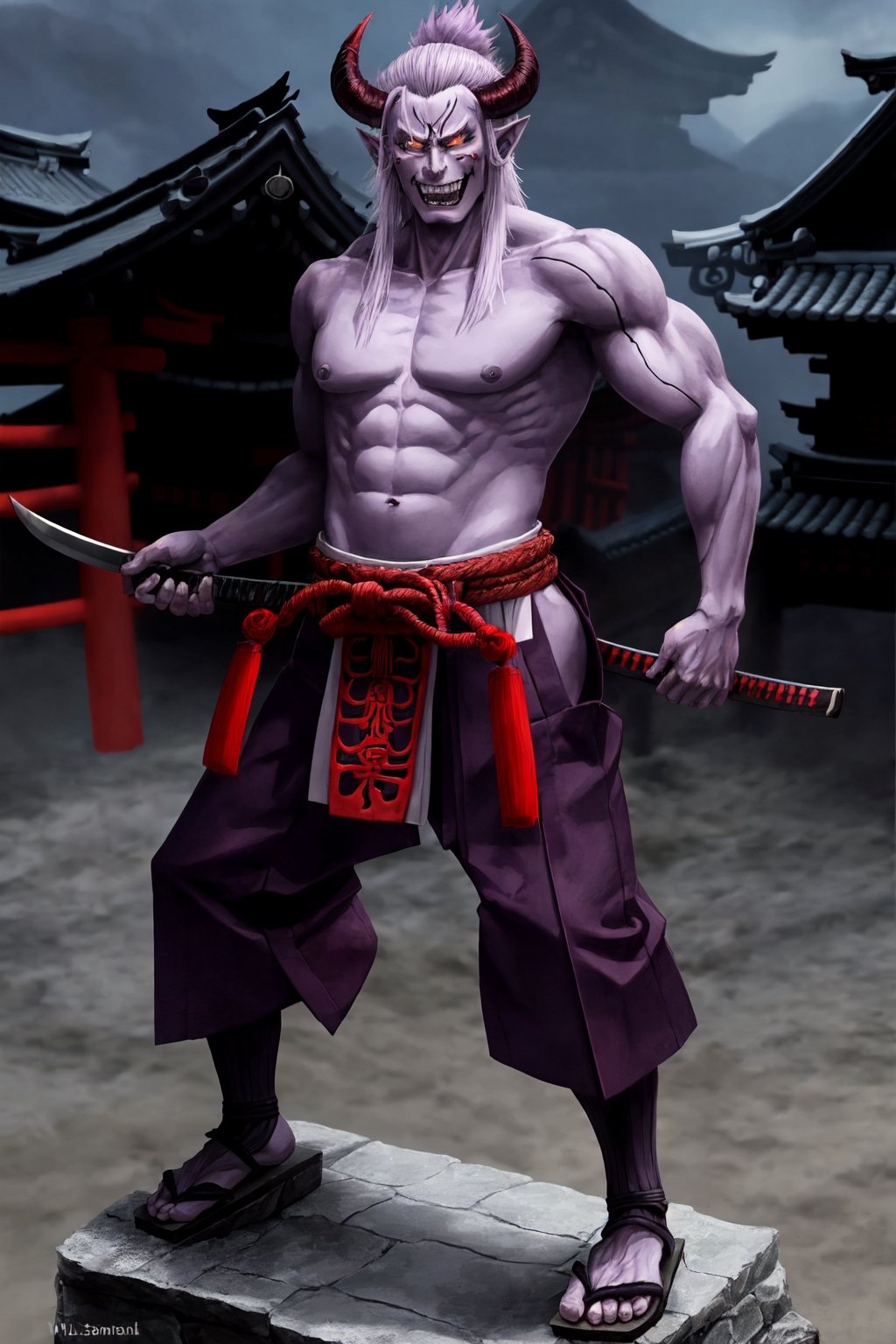 oni demon, male, full figure, standing pose, ultra detailed, evil, japanese version, samurai version, japanese village background, traditional japanese weapon, light purple skin