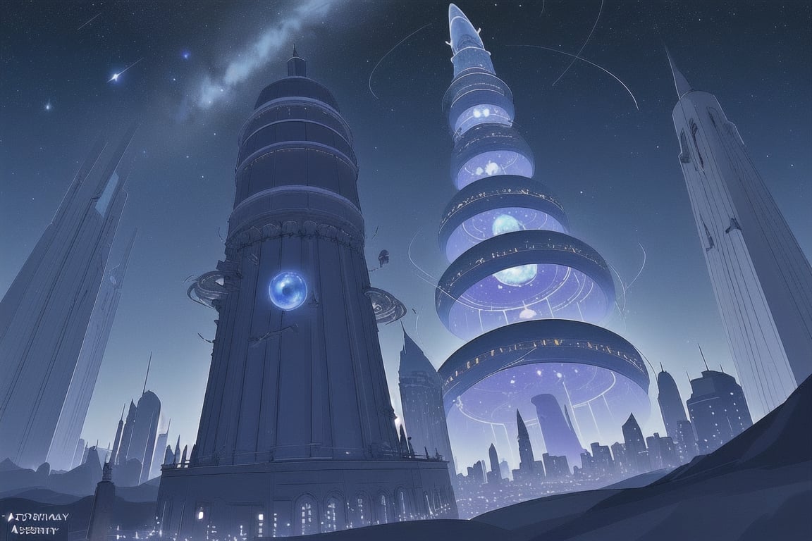 The Astral Observatory: A tower that reaches into the night sky, where scholars study the stars, planets, and the city's connection to celestial bodies.