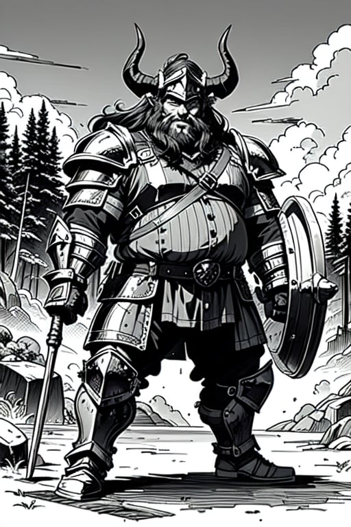 full figure; fantasy dwarf warrior; black&white; sketch; landscape minining site; d&d style; bulky and fat; sturdy; short; chubby; lord of the ring style; very long beard; big nose; full armor; ram horned helm; warhammer and shield; fulm helm; shield on the back; 2-handed battleaxe; fighting stance; charging attack
