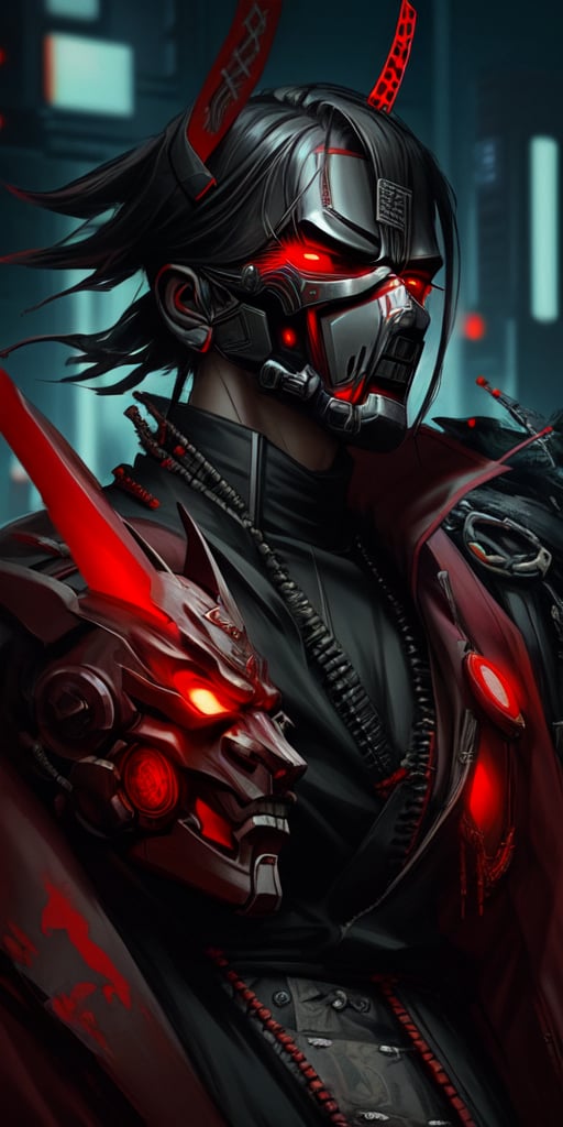 cyberpunk, samurai, red, full_figure, mask